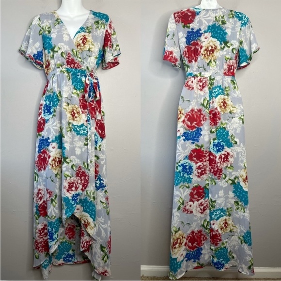june & hudson Dresses & Skirts - JUNE & HUDSON Blue Floral Wrap Front High Low Midi Long Dress Size Small